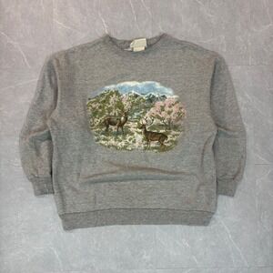 Basic Editions Vintage Deer Nature Graphic Sweatshirt Gray Crewneck Medium